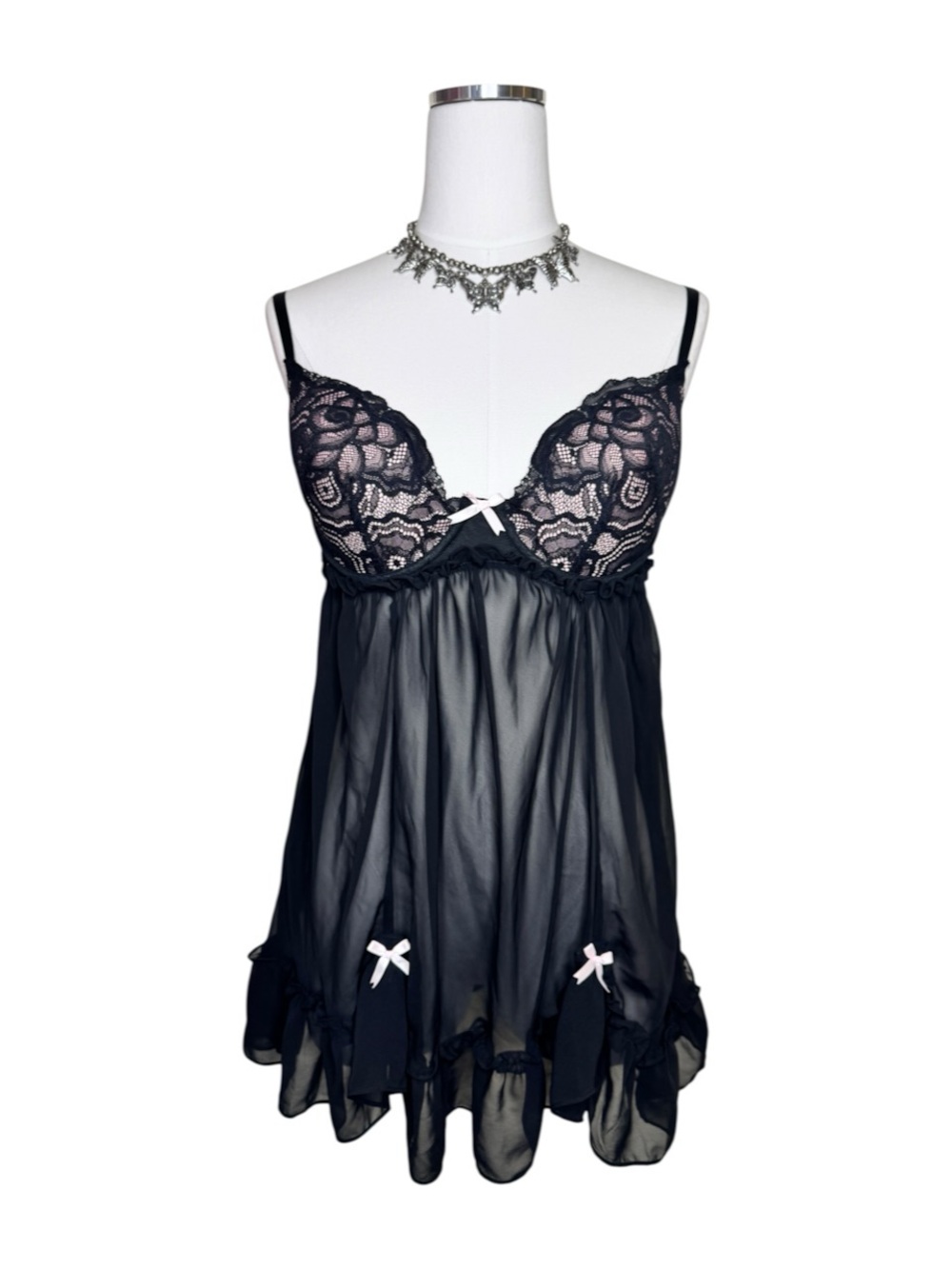Betsey Johnson Black + Pink Sheer Lace Babydoll Chemise Slip Dress Size Large